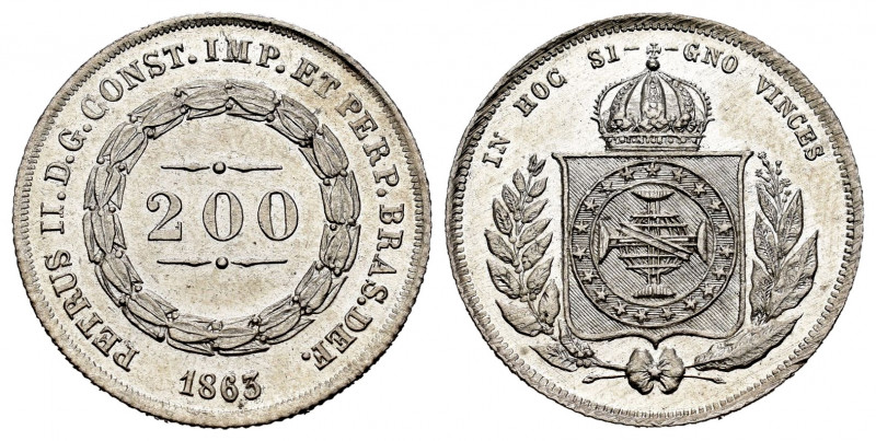Brazil. Pedro II. 200 reis. 1863. (Km-469). Ag. 2,56 g. AU. Est...35,00. 


 ...