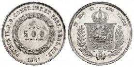 Brazil. Pedro II. 500 reis. 1861. (Km-464). Ag. 6,38 g. It retains some luster. AU. Est...40,00. 


 SPANISH DESRCIPTION: Brasil. Pedro II. 500 rei...