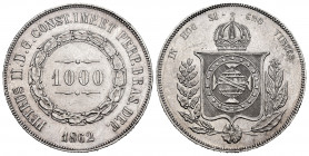 Brazil. Pedro II. 1000 reis. 1862. (Km-465). Ag. 12,52 g. Minor nicks on edge. XF. Est...25,00. 


 SPANISH DESRCIPTION: Brasil. Pedro II. 1000 rei...