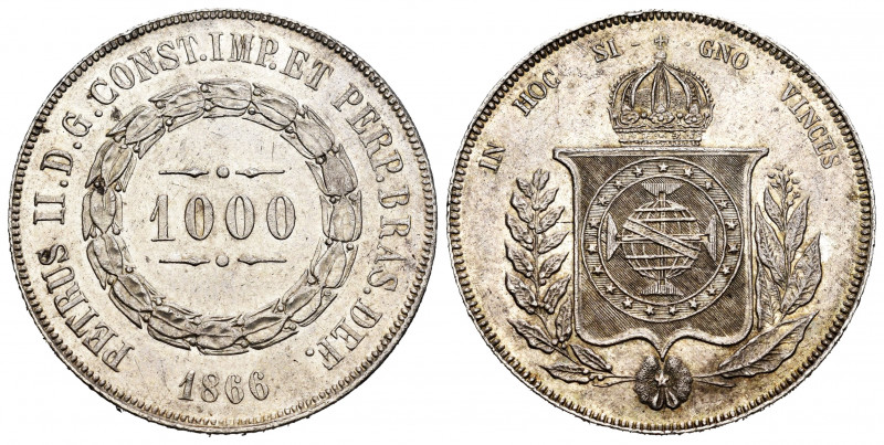 Brazil. Pedro II. 1000 reis. 1866. (Km-465). Ag. 12,79 g. Minor nicks on edge. A...
