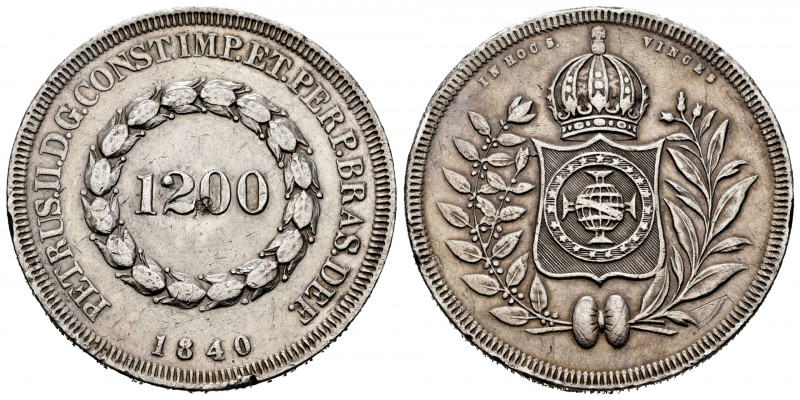 Brazil. Pedro II. 1200 reis. 1840. (Km-454). Ag. 26,74 g. Nicks on edge. Repaire...