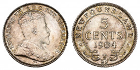 Canadá - Newfoundland. Edward VII. 5 cents. 1904-H. Heaton. (Km-7). Ag. 1,23 g. Soft tone. Very scarce. Almost UNC. Est...300,00. 


 SPANISH DESRC...
