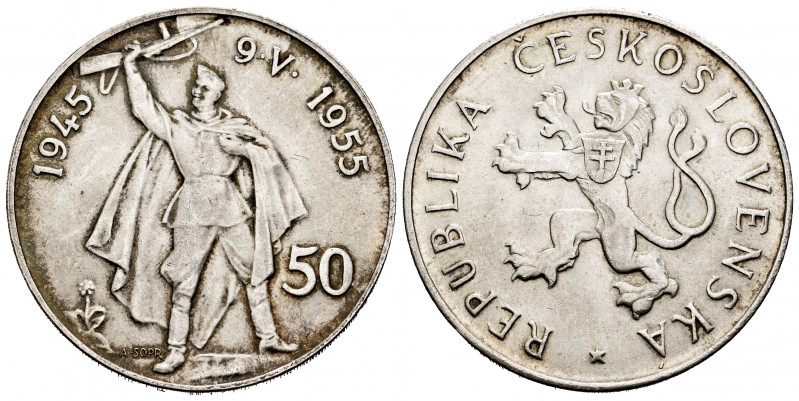 Czechoslovakia. 50 korun. 1955. (Km-44). Ag. 20,08 g. 10th Anniversary Liberatio...