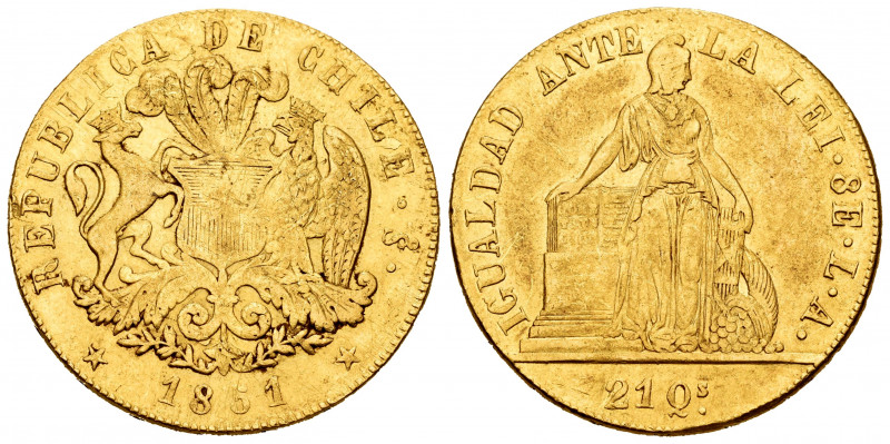 Chile. 8 escudos. 1851. Santiago. LA. (Km-105). Au. 27,05 g. VF. Est...1300,00. ...