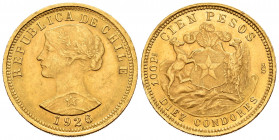 Chile. 100 pesos. 1926. Santiago. (Km-170). (Fried-54). Au. 20,36 g. Minimal nicks. AU. Est...1000,00. 


 SPANISH DESRCIPTION: Chile. 100 pesos. 1...