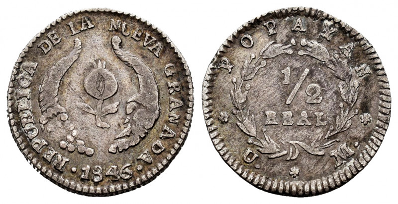 Colombia. 1/2 real. 1846. Popayán. UM. (Km-96.2). Ag. 1,35 g. NUEVA GRANADA. Alm...