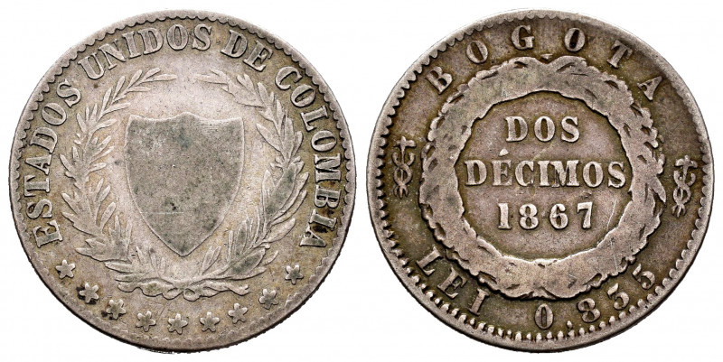 Colombia. 2 decimos. 1867. Bogotá. (Km-149a.1). Ag. 4,71 g. Choice F/Almost VF. ...