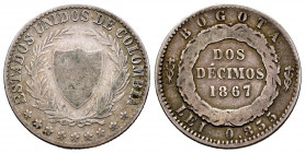 Colombia. 2 decimos. 1867. Bogotá. (Km-149a.1). Ag. 4,71 g. Choice F/Almost VF. Est...35,00. 


 SPANISH DESRCIPTION: Colombia. 2 décimos. 1867. Bo...