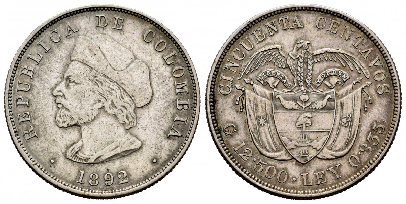 Colombia. 50 centavos. 1892. (Km-187.2). Ag. 12,41 g. VF/Choice VF. Est...35,00....