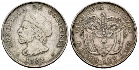 Colombia. 50 centavos. 1892. (Km-187.2). Ag. 12,41 g. VF/Choice VF. Est...35,00. 


 SPANISH DESRCIPTION: Colombia. 50 centavos. 1892. (Km-187.2). ...