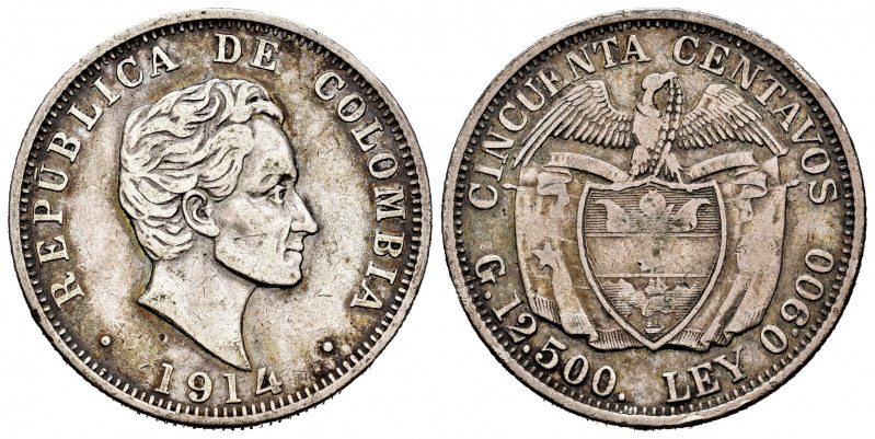 Colombia. 50 centavos. 1914. Medellín. (Km-193.2). Ag. 12,20 g. Open 4. Almost V...