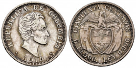 Colombia. 50 centavos. 1914. Medellín. (Km-193.2). Ag. 12,20 g. Open 4. Almost VF. Est...40,00. 


 SPANISH DESRCIPTION: Colombia. 50 centavos. 191...