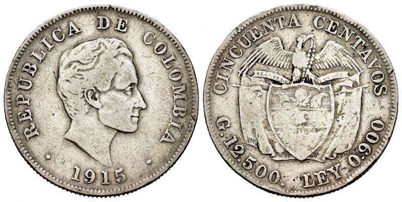 Colombia. 50 centavos. 1915. Medellín. (Km-193.2). Ag. 12,19 g. Cleaned. Choice ...