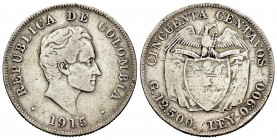 Colombia. 50 centavos. 1915. Medellín. (Km-193.2). Ag. 12,19 g. Cleaned. Choice F. Est...50,00. 


 SPANISH DESRCIPTION: Colombia. 50 centavos. 191...