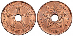 Congo Belge. Leopold II. 5 centimes. 1894. (Km-3). Ae. 10,17 g. Scratch. Some original luster remaining. Almost UNC. Est...35,00. 


 SPANISH DESRC...