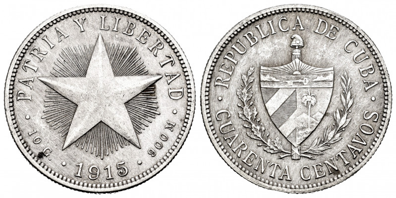 Cuba. 40 centavos. 1915. (Km-14). Ag. 10,00 g. Hairlines. Choice VF. Est...35,00...