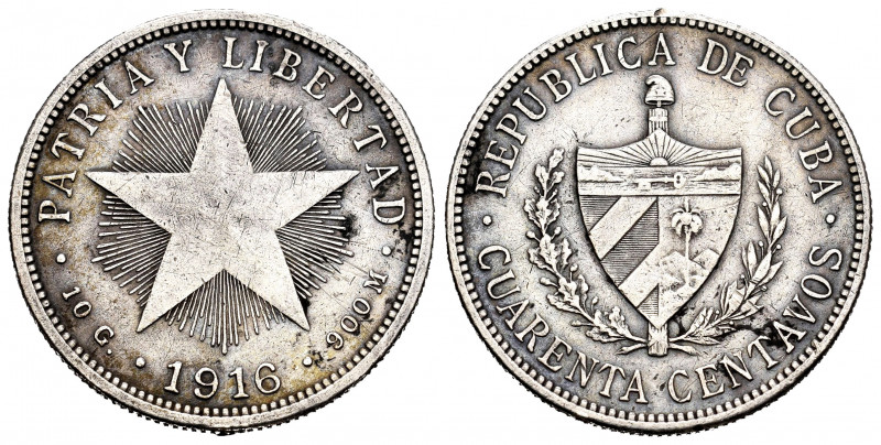 Cuba. 40 centavos. 1916. (Km-14.3). Ag. 9,94 g. Minor nick on edge. Choice VF. E...