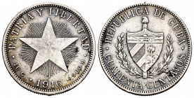 Cuba. 40 centavos. 1916. (Km-14.3). Ag. 9,94 g. Minor nick on edge. Choice VF. Est...50,00. 


 SPANISH DESRCIPTION: Cuba. 40 centavos. 1916. (Km-1...