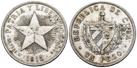 Cuba. 1 peso. 1915. (Km-15.1). Ag. 26,73 g. Minor hairlines. Choice VF. Est...60,00. 


 SPANISH DESRCIPTION: Cuba. 1 peso. 1915. (Km-15.1). Ag. 26...