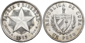 Cuba. 1 peso. 1932. (Km-15.2). Ag. 26,74 g. Slightly cleaned. Almost XF. Est...25,00. 


 SPANISH DESRCIPTION: Cuba. 1 peso. 1932. (Km-15.2). Ag. 2...