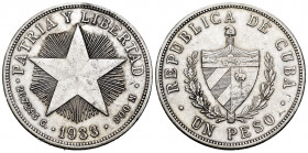 Cuba. 1 peso. 1933. (Km-15.2). Ag. 26,77 g. Choice VF. Est...30,00. 


 SPANISH DESRCIPTION: Cuba. 1 peso. 1933. (Km-15.2). Ag. 26,77 g. MBC+. Est....