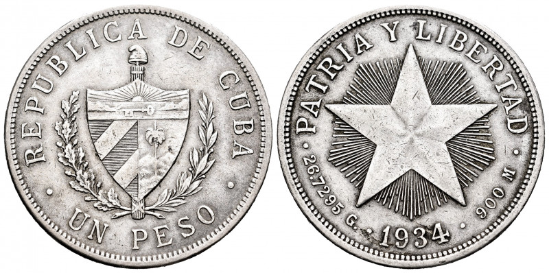 Cuba. 1 peso. 1934. (Km-15.2). Ag. 26,70 g. Almost XF. Est...30,00. 


 SPANI...