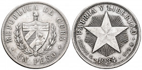 Cuba. 1 peso. 1934. (Km-15.2). Ag. 26,70 g. Almost XF. Est...30,00. 


 SPANISH DESRCIPTION: Cuba. 1 peso. 1934. (Km-15.2). Ag. 26,70 g. EBC-. Est....