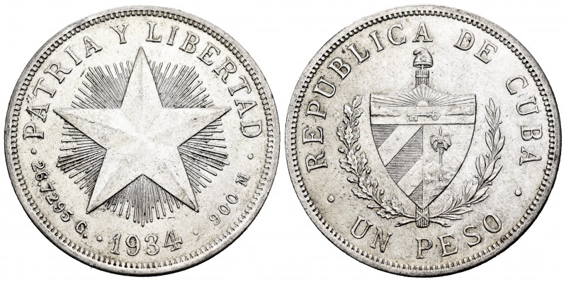 Cuba. 1 peso. 1934. (Km-15.2). Ag. 26,68 g. Almost XF. Est...50,00. 


 SPANI...