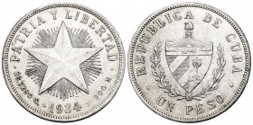 Cuba. 1 peso. 1934. (Km-15.2). Ag. 26,68 g. Almost XF. Est...50,00. 


 SPANISH DESRCIPTION: Cuba. 1 peso. 1934. (Km-15.2). Ag. 26,68 g. EBC-. Est....