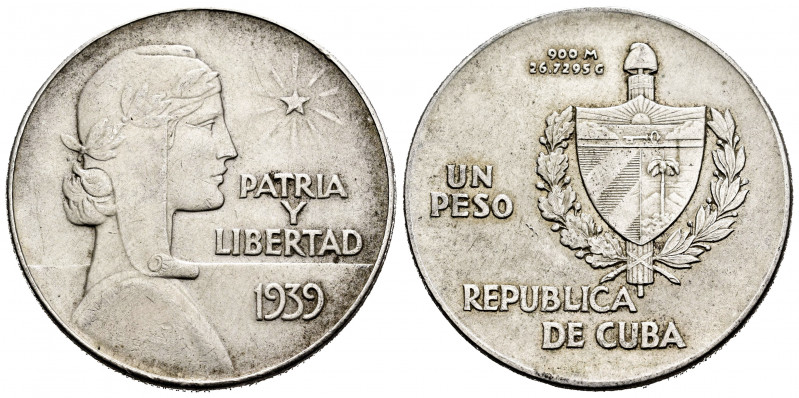 Cuba. 1 peso. 1939. (Km-22). Ag. 26,69 g. Almost XF. Est...50,00. 


 SPANISH...