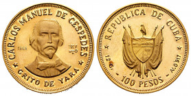 Cuba. 100 pesos. 1977. (Km-43). Au. 11,95 g. Carlos Manuel de Cespedes. PR. Est...500,00. 


 SPANISH DESRCIPTION: Cuba. 100 pesos. 1977. (Km-43). ...