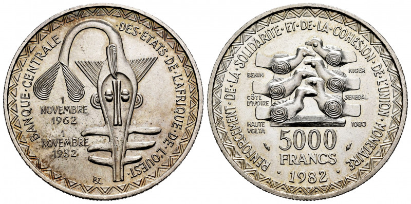 West African States. 5000 francs. 1872. (Km-11). Ag. 24,89 g. 20th Anniversary o...