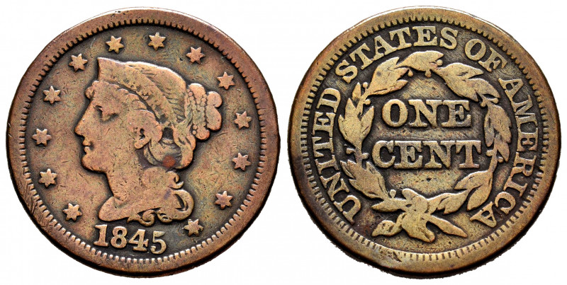 United States. 1 cent. 1845. (Km-67). Ae. 10,26 g. "Liberty Head/Braided Hair Ce...