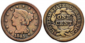 United States. 1 cent. 1845. (Km-67). Ae. 10,26 g. "Liberty Head/Braided Hair Cent". Choice F. Est...20,00. 


 SPANISH DESRCIPTION: Estados Unidos...