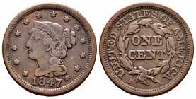 United States. 1 cent. 1847. (Km-67). Ae. 10,33 g. "Liberty Head/Braided Hair Cent". VF. Est...20,00. 


 SPANISH DESRCIPTION: Estados Unidos. 1 ce...