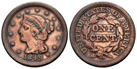 United States. 1 cent. 1849. (Km-67). Ae. 10,62 g. "Liberty Head/Braided Hair Cent". Cleaned. VF. Est...25,00. 


 SPANISH DESRCIPTION: Estados Uni...