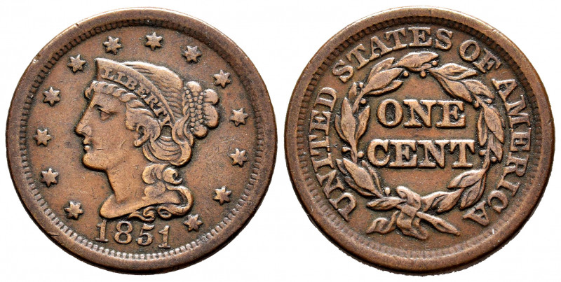 United States. 1 cent. 1851. (Km-67). Ae. 10,60 g. "Liberty Head/Braided Hair Ce...