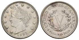United States. 5 cents. 1883. (S-134). Ni. 5,05 g. Rare. AU. Est...150,00. 


 SPANISH DESRCIPTION: Estados Unidos. 5 cents. 1883. (S-134). Ni. 5,0...