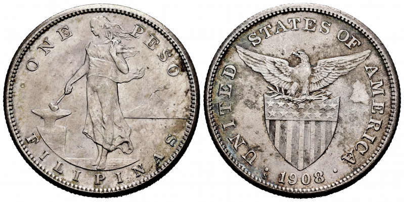 Philippines. 1 peso. 1908. San Francisco. S. (Km-172). Ag. 19,73 g. American adm...