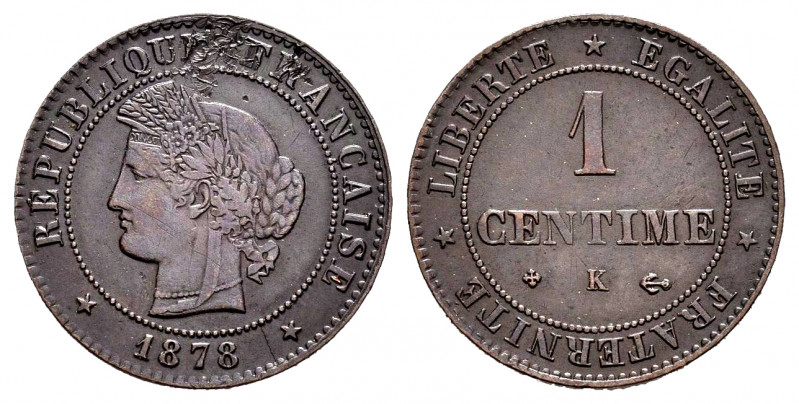 France. 1 centime. 1878. Bordeaux. K. (Gad-88). Ae. 1,02 g. Knocks on reverse. C...