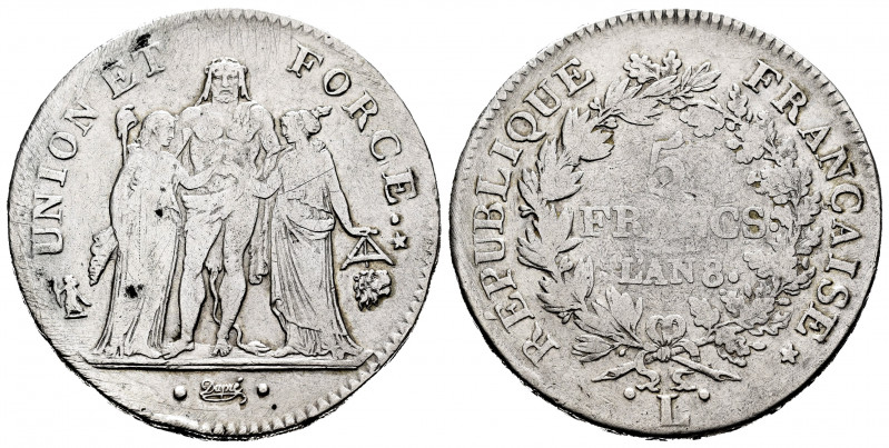 France. 5 francs. L'An 8. Bayonne. L. (Gad-563 A). (Km-639). Ag. 24,46 g. Very s...