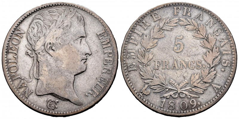 France. Napoleon Bonaparte. 5 francs. 1809. Paris. A. (Km-694.1). (Gad-584). Ag....