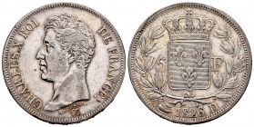 France. Charles X. 5 francs. 1826. Lyon. D. (Km-720.4). (Gad-643). Ag. 24,73 g. VF. Est...100,00. 


 SPANISH DESRCIPTION: Francia. Charles X. 5 fr...