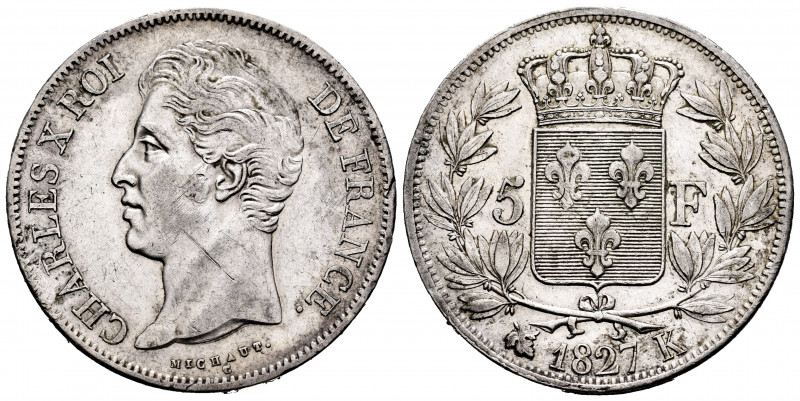 France. Charles X. 5 francs. 1827. Bordeaux. K. (Km-758.7). (Gad-644). Ag. 24,86...