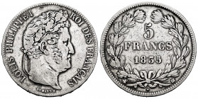 France. Louis Philippe I. 5 francs. 1835. Strasbourg. BB. (Km-749.3). Ag. 24,71 g. Cleaned. VF. Est...30,00. 


 SPANISH DESRCIPTION: Francia. Loui...