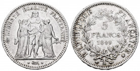 France. II Republic. 5 francs. 1849. Paris. A. (Km-756.1). (Gad-683). Ag. 24,68 g. VF. Est...30,00. 


 SPANISH DESRCIPTION: Francia. II República....