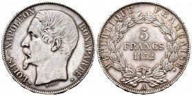 France. Louis Napoleon. 5 francs. 1852. Paris. A. (Km-773.1). (Gad-726). Ag. 24,85 g. Minor nicks on edge. VF. Est...40,00. 


 SPANISH DESRCIPTION...