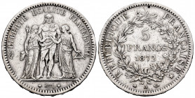 France. 5 francs. 1872. Paris. A. (Km-820.1). (Gad-745a). Ag. 24,80 g. Scarce. VF. Est...50,00. 


 SPANISH DESRCIPTION: Francia. III República. 5 ...