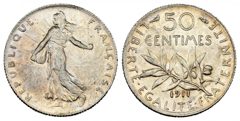 France. 50 centimes. 1911. (Gad-420). Ag. 2,53 g. Scarce. XF. Est...150,00. 

...