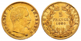 France. Napoleon III. 5 francs. 1860. Paris. A. (Km-803.1). (Gad-1002). Au. 1,59 g. Knocks. VF. Est...75,00. 


 SPANISH DESRCIPTION: Francia. Napo...